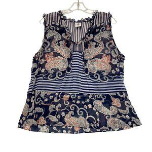 Cabi Multicolor Navy Red Stripe Paisley Floral Semi Sheer Ruffled V-Neck Size M​